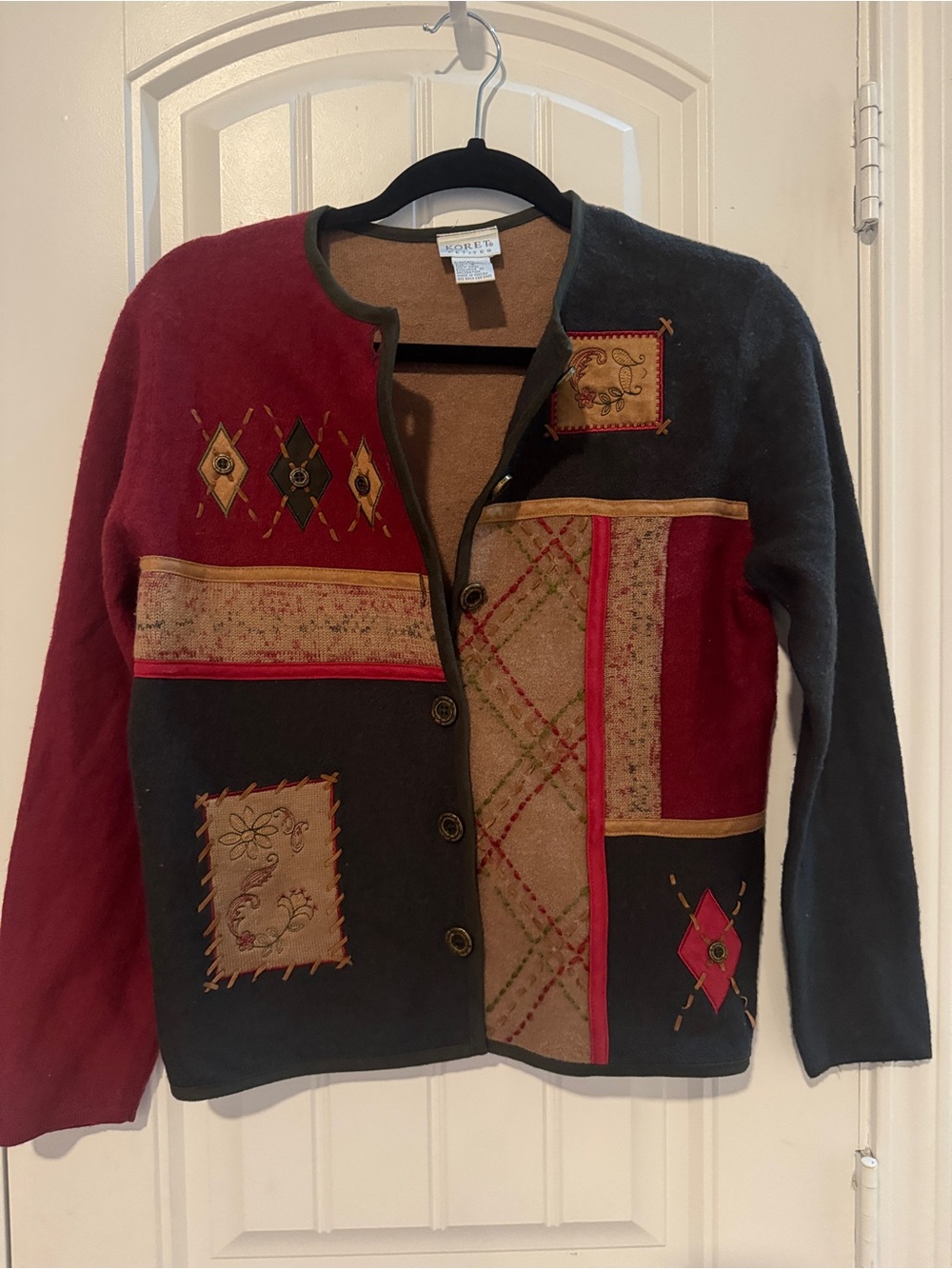 Koret Patchwork Button Cardigan in Burgundy, Black, Tan wool cardigan
